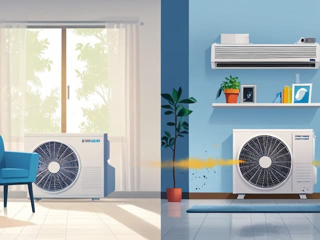 Comparison of clean and dirty air conditioner in a room with blue walls, plants and furniture