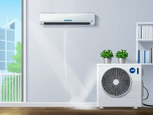 Air conditioner with leaking water on the wall of a room with plants and a city view